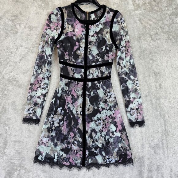 Fire Los Angeles Dress Womens XS Black Multi Mesh Floral Velvet Trim Long Sleeve - Picture 1 of 10